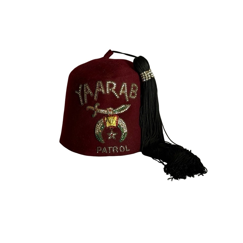 Kaaba Shriners Patrol Maroon Rhinestone Crescent-And-Star Felt Jeweled Fez Hat